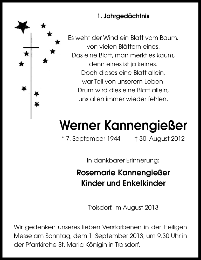  Traueranzeige für Werner Kannengießer vom 24.08.2013 aus Kölner Stadt-Anzeiger / Kölnische Rundschau / Express