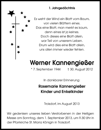 Anzeige von Werner Kannengießer von Kölner Stadt-Anzeiger / Kölnische Rundschau / Express