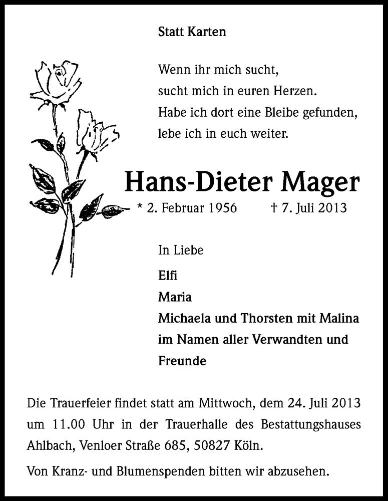  Traueranzeige für Hans-Dieter Mager vom 16.07.2013 aus Kölner Stadt-Anzeiger / Kölnische Rundschau / Express