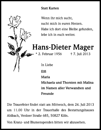 Anzeige von Hans-Dieter Mager von Kölner Stadt-Anzeiger / Kölnische Rundschau / Express