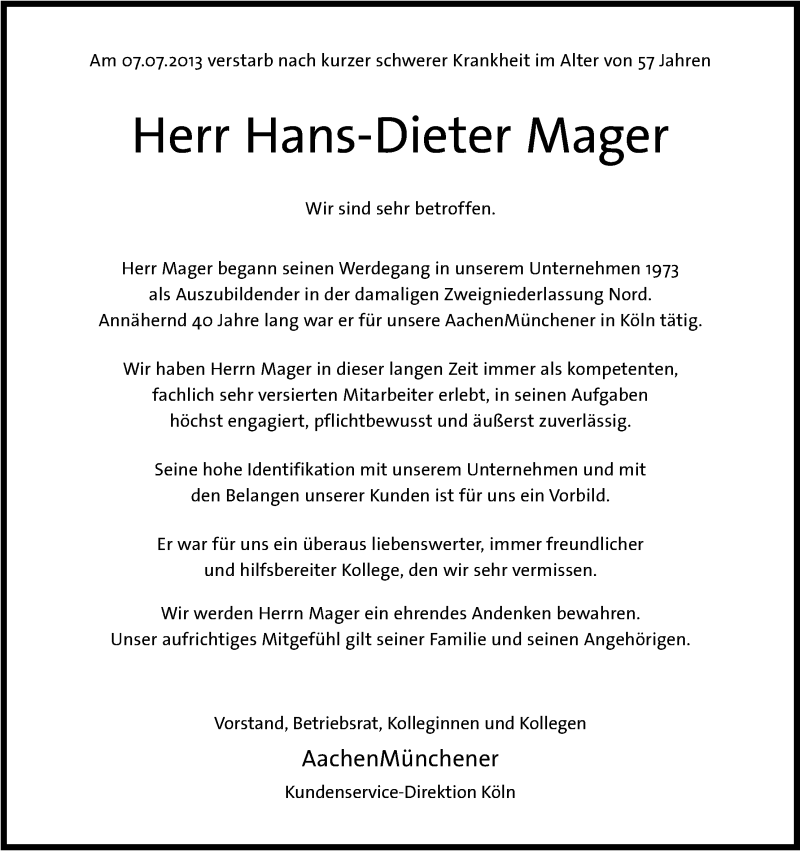  Traueranzeige für Hans-Dieter Mager vom 13.07.2013 aus Kölner Stadt-Anzeiger / Kölnische Rundschau / Express