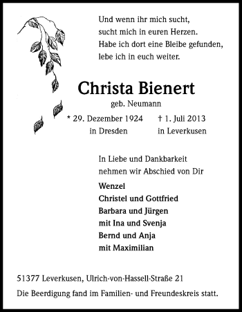 Anzeige von Christa Bienert von Kölner Stadt-Anzeiger / Kölnische Rundschau / Express
