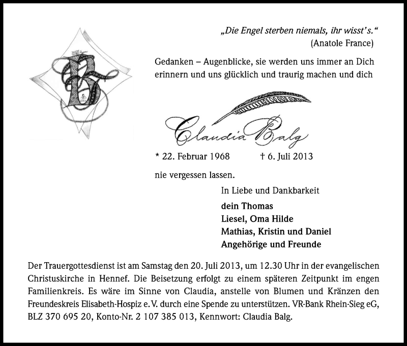  Traueranzeige für Claudia Balg vom 13.07.2013 aus Kölner Stadt-Anzeiger / Kölnische Rundschau / Express