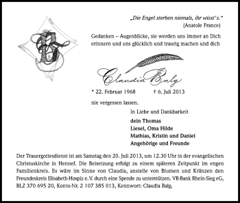 Anzeige von Claudia Balg von Kölner Stadt-Anzeiger / Kölnische Rundschau / Express