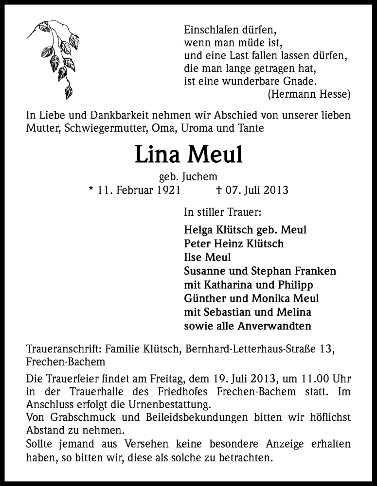  Traueranzeige für Lina Meul vom 13.07.2013 aus Kölner Stadt-Anzeiger / Kölnische Rundschau / Express