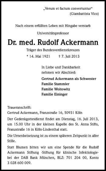 Anzeige von Rudolf Ackermann von Kölner Stadt-Anzeiger / Kölnische Rundschau / Express