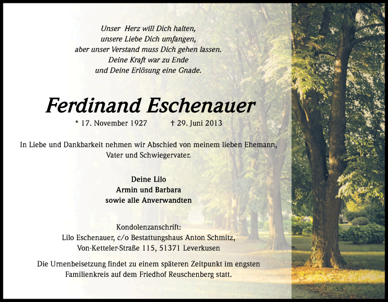  Traueranzeige für Ferdinand Eschenauer vom 13.07.2013 aus Kölner Stadt-Anzeiger / Kölnische Rundschau / Express