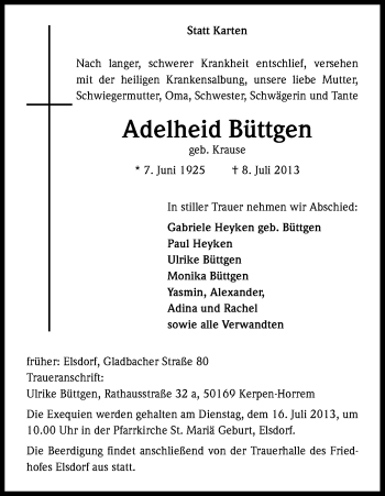 Anzeige von Adelheid Büttgen von Kölner Stadt-Anzeiger / Kölnische Rundschau / Express