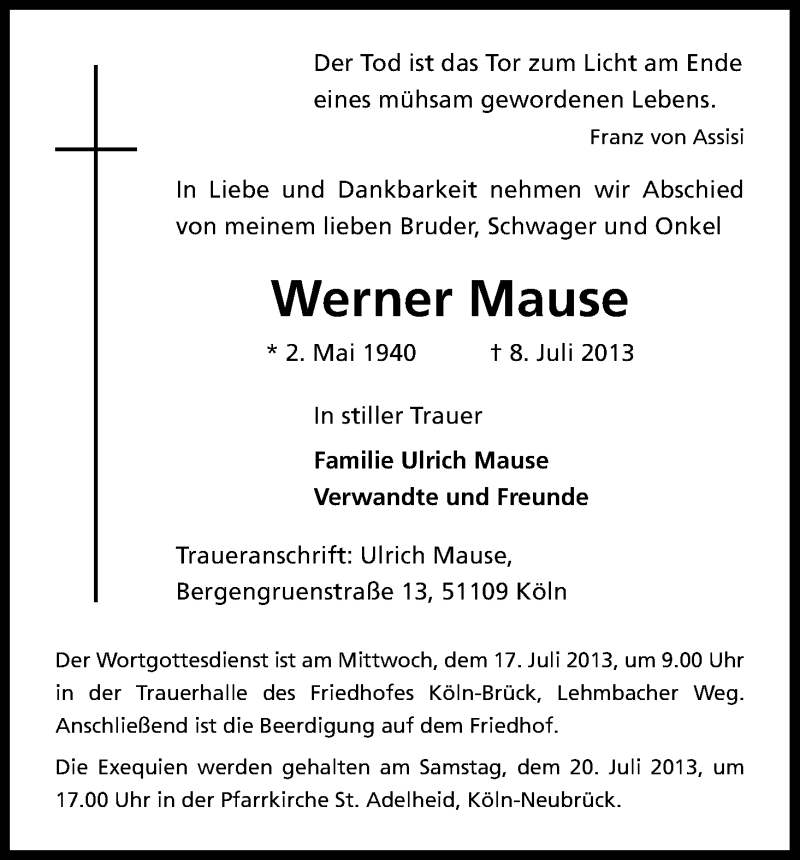  Traueranzeige für Werner Mause vom 13.07.2013 aus Kölner Stadt-Anzeiger / Kölnische Rundschau / Express