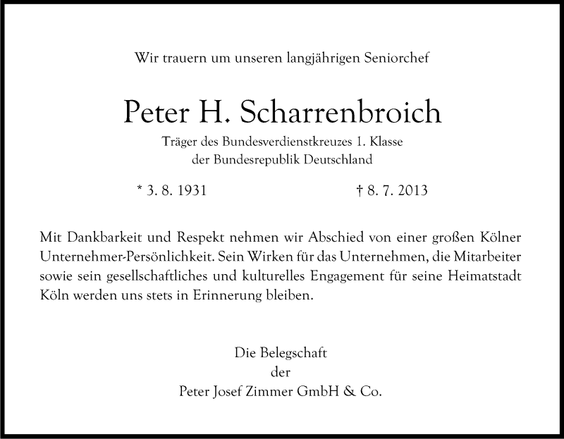  Traueranzeige für Peter H. Scharrenbroich vom 13.07.2013 aus Kölner Stadt-Anzeiger / Kölnische Rundschau / Express
