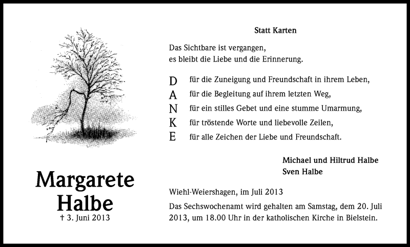  Traueranzeige für Margarete Halbe vom 13.07.2013 aus Kölner Stadt-Anzeiger / Kölnische Rundschau / Express