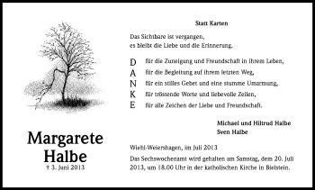 Anzeige von Margarete Halbe von Kölner Stadt-Anzeiger / Kölnische Rundschau / Express