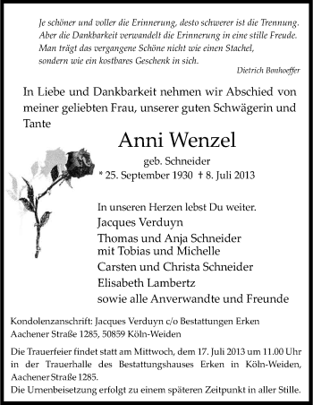 Anzeige von Anni Wenzel von Kölner Stadt-Anzeiger / Kölnische Rundschau / Express