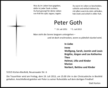 Anzeige von Peter Goth von Kölner Stadt-Anzeiger / Kölnische Rundschau / Express