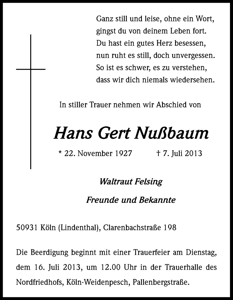  Traueranzeige für Hans Gert Nußbaum vom 13.07.2013 aus Kölner Stadt-Anzeiger / Kölnische Rundschau / Express