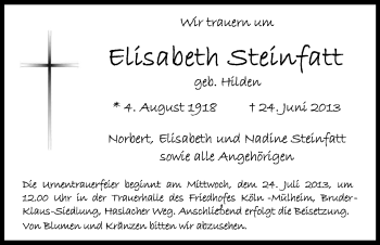Anzeige von Elisabeth Steinfatt von Kölner Stadt-Anzeiger / Kölnische Rundschau / Express