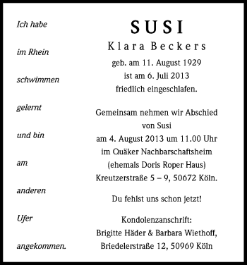 Anzeige von Susi Klara Beckers von Kölner Stadt-Anzeiger / Kölnische Rundschau / Express