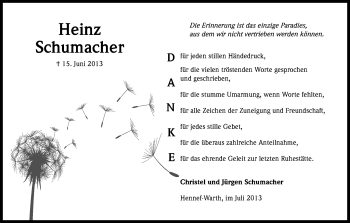 Anzeige von Heinz Schumacher von Kölner Stadt-Anzeiger / Kölnische Rundschau / Express