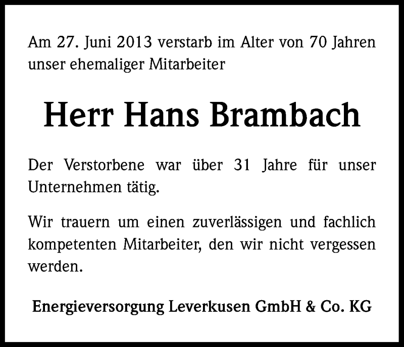  Traueranzeige für Hans Brambach vom 12.07.2013 aus Kölner Stadt-Anzeiger / Kölnische Rundschau / Express