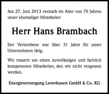 Anzeige von Hans Brambach von Kölner Stadt-Anzeiger / Kölnische Rundschau / Express