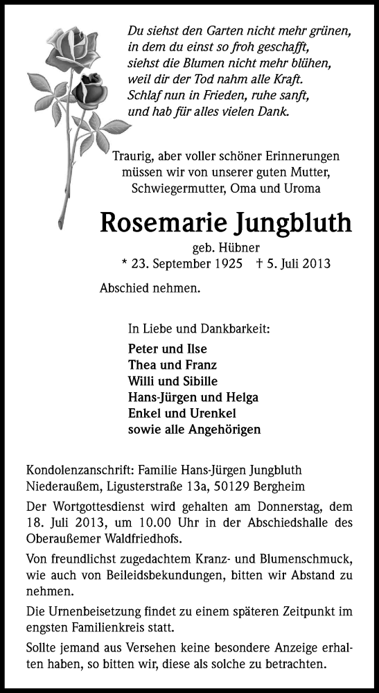  Traueranzeige für Rosemarie Jungbluth vom 13.07.2013 aus Kölner Stadt-Anzeiger / Kölnische Rundschau / Express