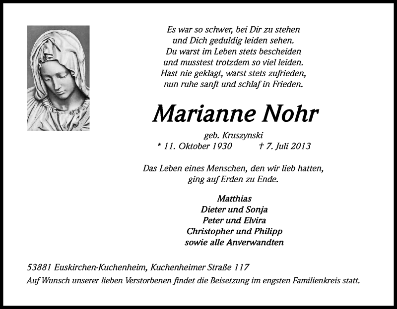  Traueranzeige für Marianne Nohr vom 13.07.2013 aus Kölner Stadt-Anzeiger / Kölnische Rundschau / Express
