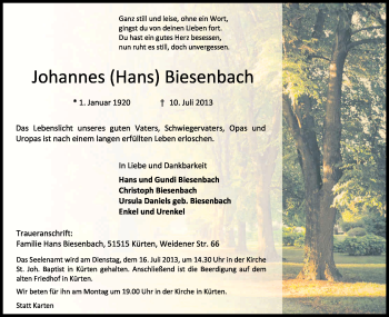 Anzeige von Johannes Biesenbach von Kölner Stadt-Anzeiger / Kölnische Rundschau / Express