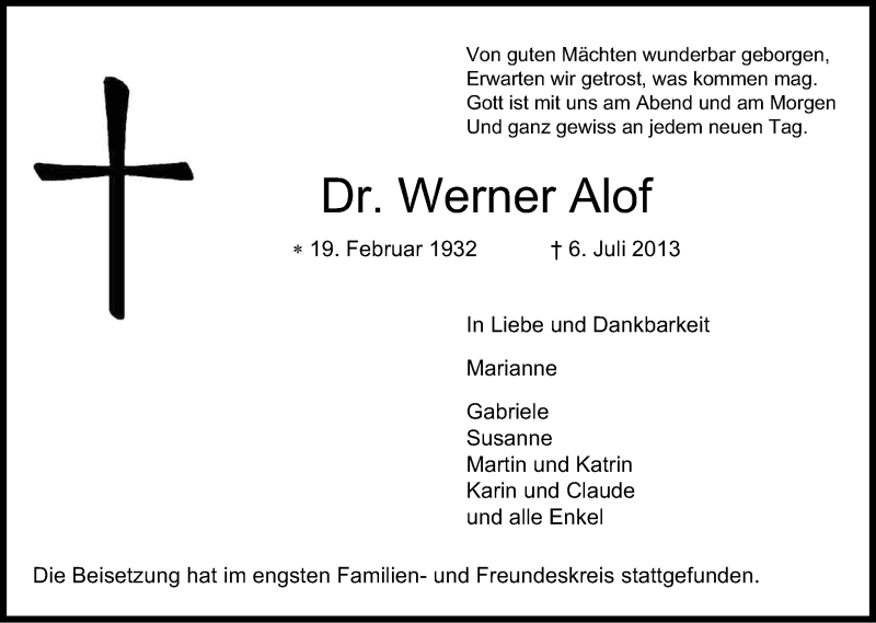  Traueranzeige für Werner Alof vom 13.07.2013 aus Kölner Stadt-Anzeiger / Kölnische Rundschau / Express