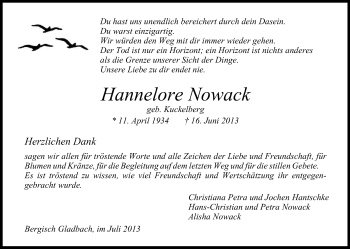 Anzeige von Hannelore Nowack von Kölner Stadt-Anzeiger / Kölnische Rundschau / Express