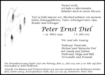 Anzeige von Peter Ernst Diel von Kölner Stadt-Anzeiger / Kölnische Rundschau / Express