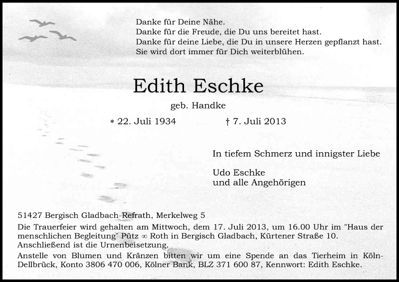  Traueranzeige für Edith Eschke vom 13.07.2013 aus Kölner Stadt-Anzeiger / Kölnische Rundschau / Express