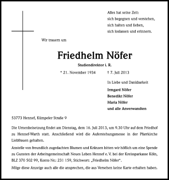 Anzeige von Friedhelm Nöfer von Kölner Stadt-Anzeiger / Kölnische Rundschau / Express