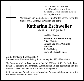 Anzeige von Katharina Eschweiler von Kölner Stadt-Anzeiger / Kölnische Rundschau / Express