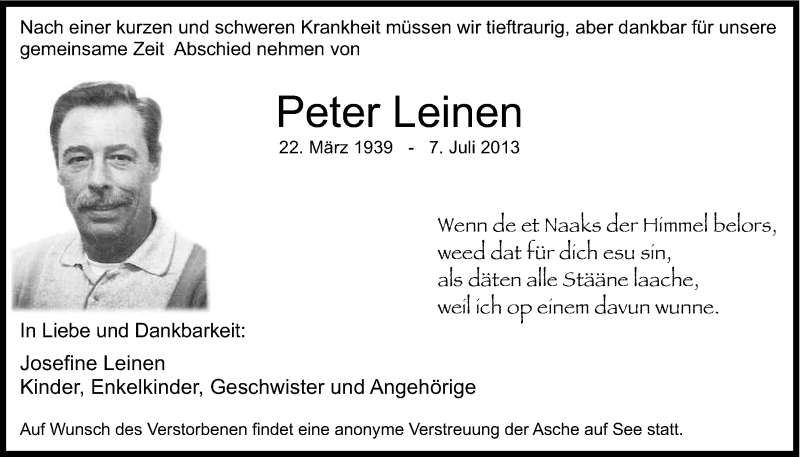  Traueranzeige für Peter Leinen vom 13.07.2013 aus Kölner Stadt-Anzeiger / Kölnische Rundschau / Express