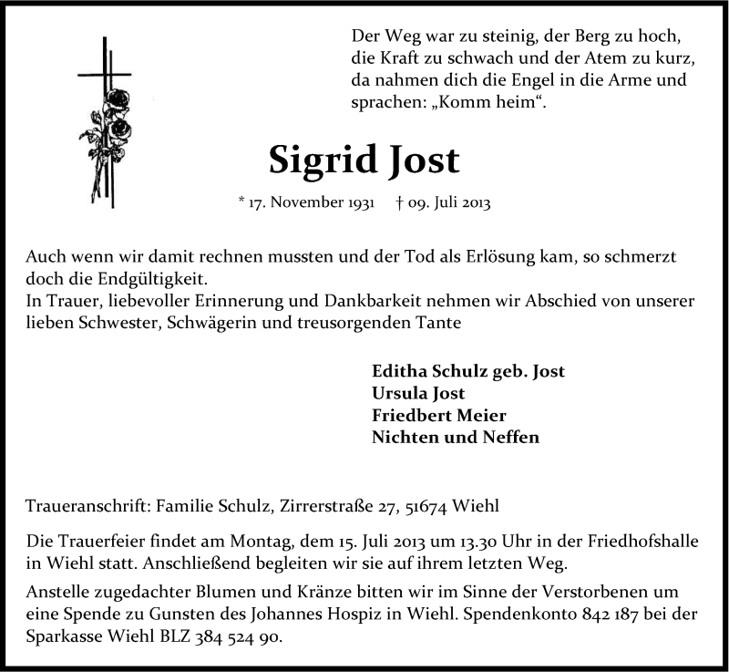  Traueranzeige für Sigrid Jost vom 12.07.2013 aus Kölner Stadt-Anzeiger / Kölnische Rundschau / Express