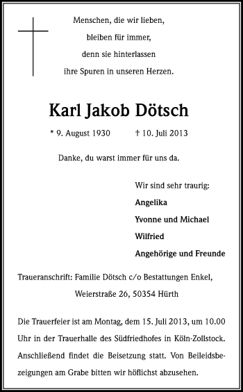 Anzeige von Karl Jakob Dötsch von Kölner Stadt-Anzeiger / Kölnische Rundschau / Express