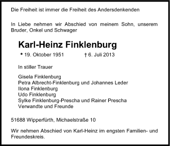Anzeige von Karl-Heinz Finklenburg von Kölner Stadt-Anzeiger / Kölnische Rundschau / Express