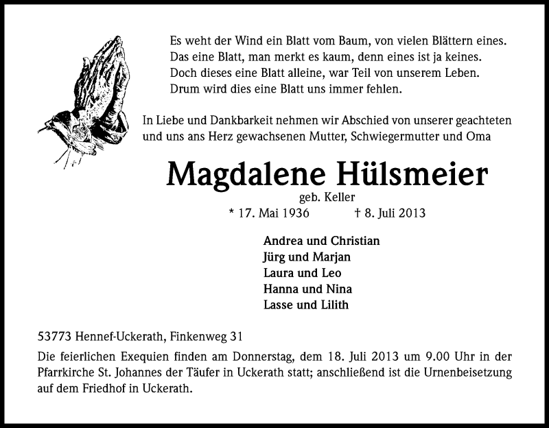  Traueranzeige für Magdalene Hülsmeier vom 12.07.2013 aus Kölner Stadt-Anzeiger / Kölnische Rundschau / Express