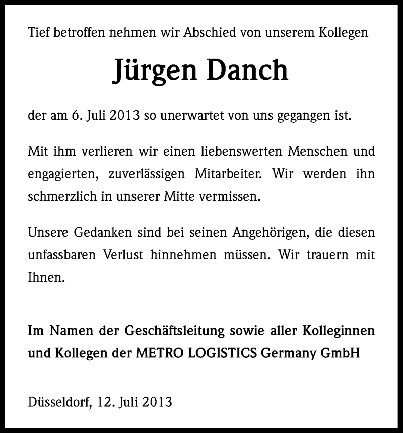  Traueranzeige für Jürgen Danch vom 12.07.2013 aus Kölner Stadt-Anzeiger / Kölnische Rundschau / Express