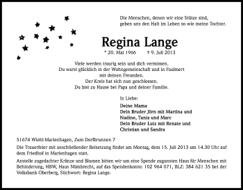 Anzeige von Regina Lange von Kölner Stadt-Anzeiger / Kölnische Rundschau / Express