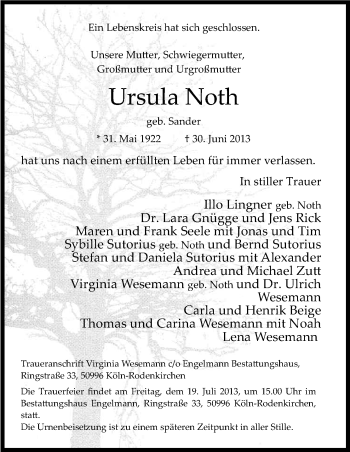 Anzeige von Ursula Noth von Kölner Stadt-Anzeiger / Kölnische Rundschau / Express
