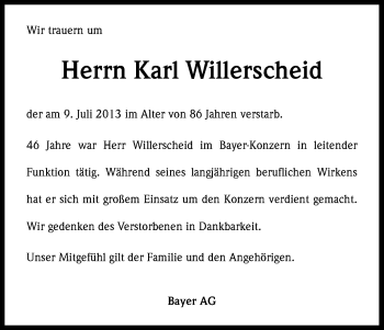 Anzeige von Karl Willerscheid von Kölner Stadt-Anzeiger / Kölnische Rundschau / Express