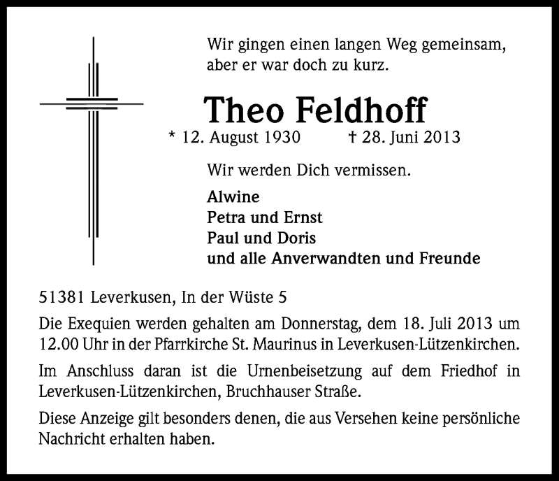  Traueranzeige für Theo Feldhoff vom 13.07.2013 aus Kölner Stadt-Anzeiger / Kölnische Rundschau / Express