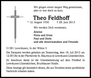 Anzeige von Theo Feldhoff von Kölner Stadt-Anzeiger / Kölnische Rundschau / Express