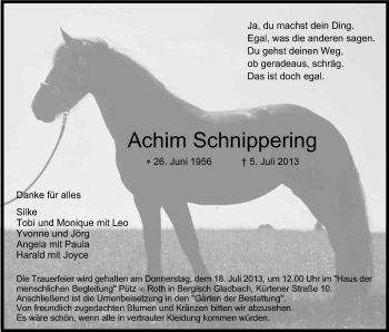 Anzeige von Achim Schnippering von Kölner Stadt-Anzeiger / Kölnische Rundschau / Express
