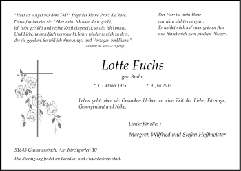Anzeige von Lotte Fuchs von Kölner Stadt-Anzeiger / Kölnische Rundschau / Express