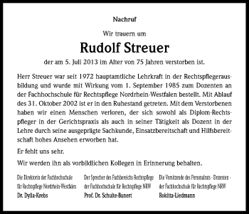 Anzeige von Rudolf Streuer von Kölner Stadt-Anzeiger / Kölnische Rundschau / Express