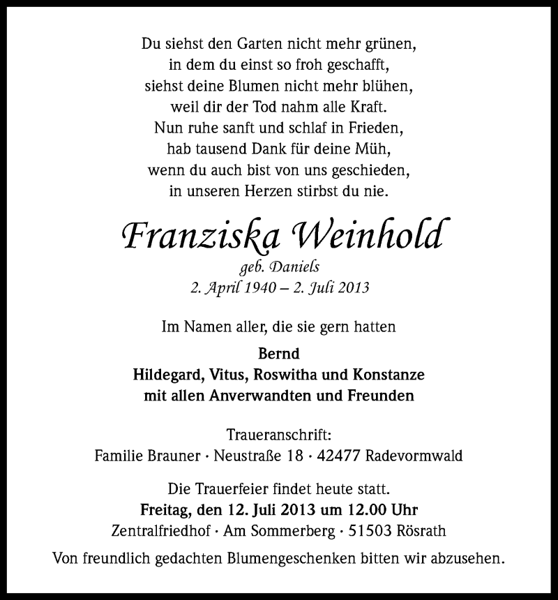  Traueranzeige für Franziska Weinhold vom 12.07.2013 aus Kölner Stadt-Anzeiger / Kölnische Rundschau / Express