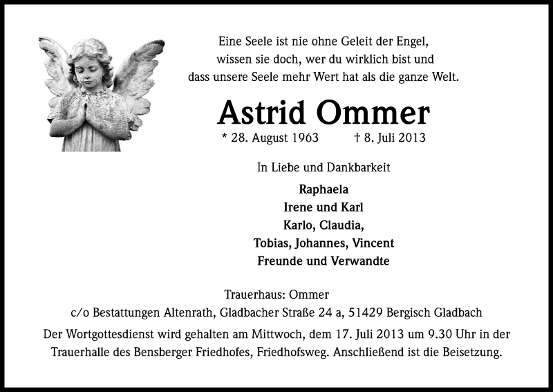  Traueranzeige für Astrid Ommer vom 12.07.2013 aus Kölner Stadt-Anzeiger / Kölnische Rundschau / Express