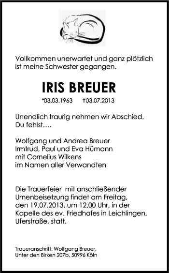 Anzeige von Iris Breuer von Kölner Stadt-Anzeiger / Kölnische Rundschau / Express